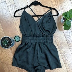 EVENUEL: Black Satin Romper